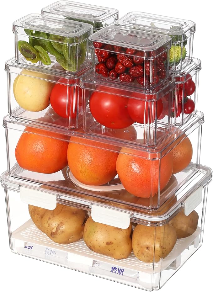 Taiuloo Airtight Fruit Storage Containers for Fridge with Lids & Handle, Refrigerator Organizers Storage Set of 10 - Clear Berry Vegetable Fresh Produce Saver, Stackable Fridge Organizer Bins