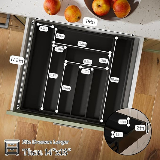 Silverware Organizer Utensil Drawer Organizer - Bamboo Silverware Drawer Organizer Expandable 8 Slots Flatware Organizer For Kitchen Utensils, Art Set, Cosmetic Tools W12.7-19" x L17.2" (Black)
