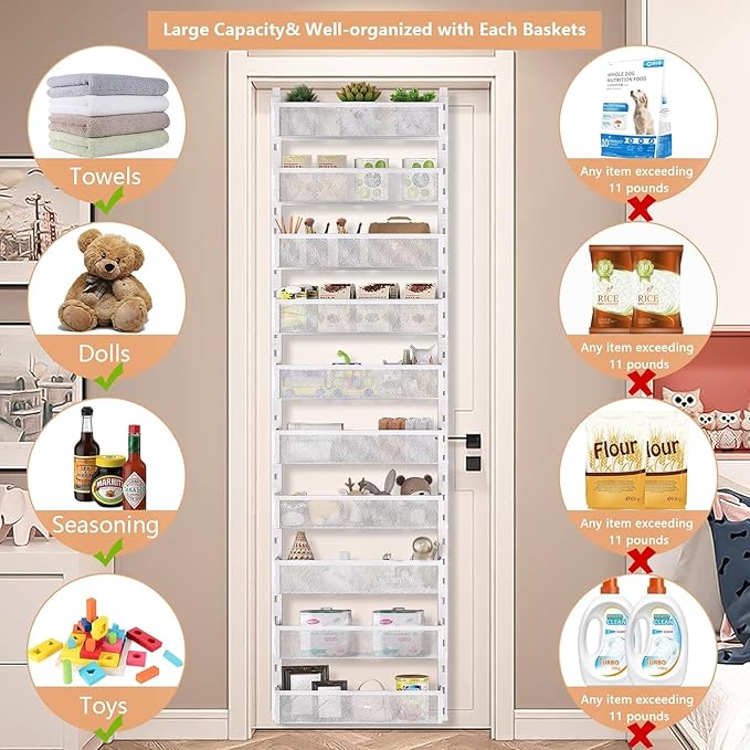 10-tier Over The Door Pantry Organizer with Mesh Baskets, Adjustable & Stable Hanging Spice Rack for Kitchen, Bathroom, Bedroom, and Baby Essentials Storage (16" W 10-Tiers, White)