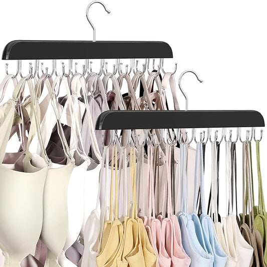 2 Pack Bra Hangers for Closet Organizer, Round Rectangle Bra Organizer with 40 Stainless Steel Hooks, Wooden Tank Top Hanger, Closet Organizers and Storage for Bras Camis Belts Ties, Black