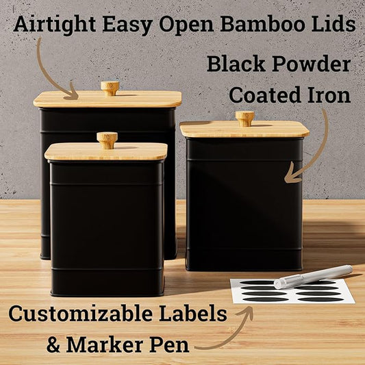 Kitchen Canisters for Countertop Set of 3 with Customizable Chalkboard Labels & Marker Pen - Big Iron Kitchen Canisters with Airtight Lids - Black Canister Set - Flour and Sugar Containers Farmhouse