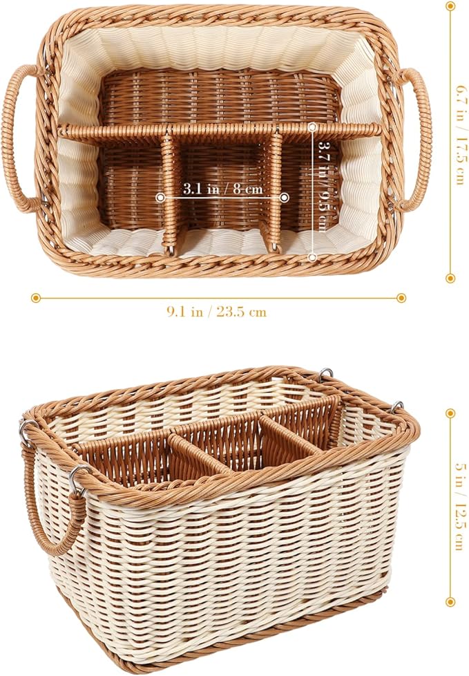 Utensil Holder Silverware, Rattan Hand Woven Cutlery Storage Organizer, Multifunctional Divided Storage Basket, for Hold Forks, Knives, Napkins, Foods and Sundries （ Flexible Handle ）
