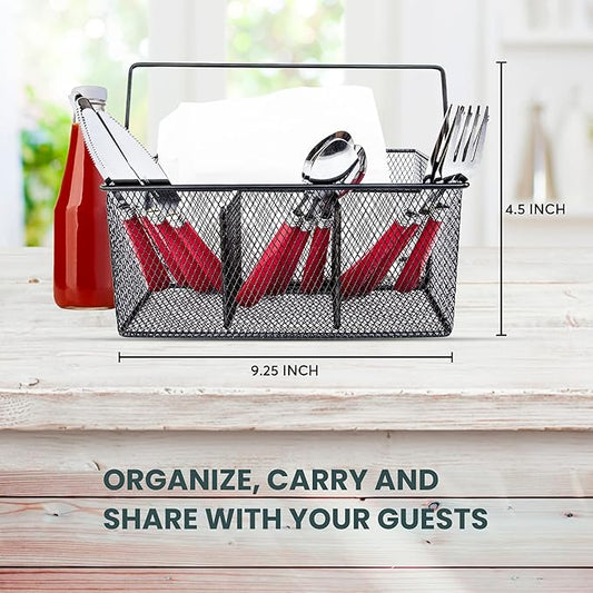 Utensil Caddy -Silverware Caddy for Parties, Spoon Holder, Buffet Organizer for Condiments, Napkin, Forks, Knives -Stainless Steel Flatware Caddy for Home, Picnics or Entertaining Evens (Black)