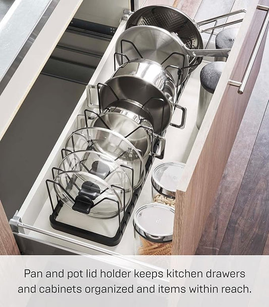 Yamazaki Home Adjustable Lid & Pan Organizer - Kitchen Drawer Storage Shelf Rack Steel One Size Black