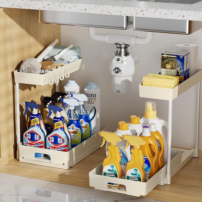 Delamu 2 Pack Under Sink Organizers and Storage, L-Shape Beige Under Bathroom Kitchen Sink Organizer with Drawer for Under Sink Storage Organizer