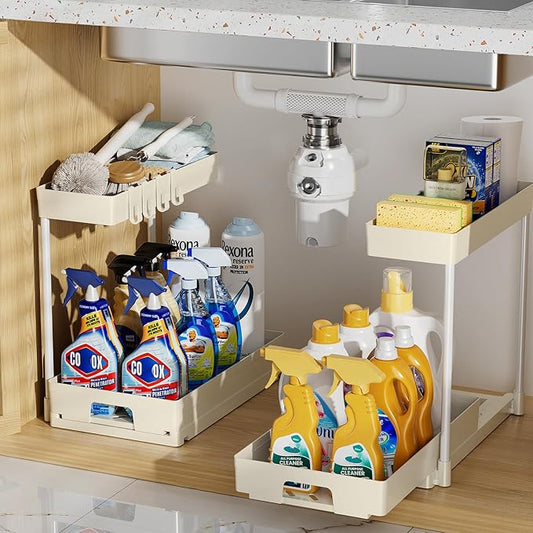 Delamu 2 Pack Under Sink Organizers and Storage, L-Shape Beige Under Bathroom Kitchen Sink Organizer with Drawer for Under Sink Storage Organizer