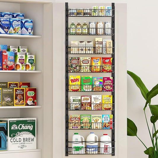 Over the Door Pantry Organizer, 8-Tier Adjustable Spice Rack Cabinet Door Shelves, Hanging Seasoning Organizer for Kitchen Bathroom, Laundry Room Organization, Black