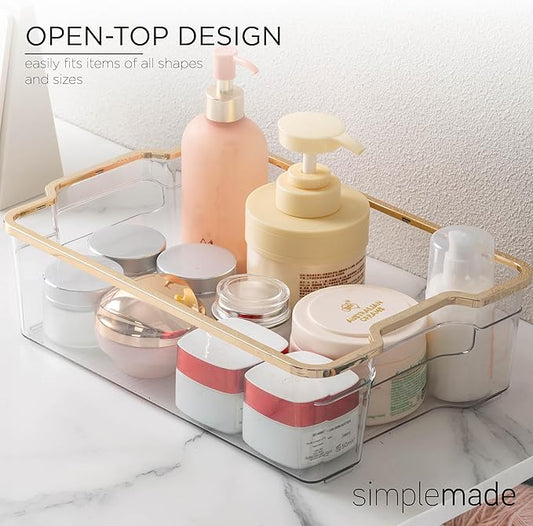 SIMPLEMADE Clear Refrigerator Organizer Bins - Clear Bins for Fridge, Containers for Fridge and Freezer, Multipurpose Storage for Kitchen, Office, Bathroom, Gold Rim (8" x 12")