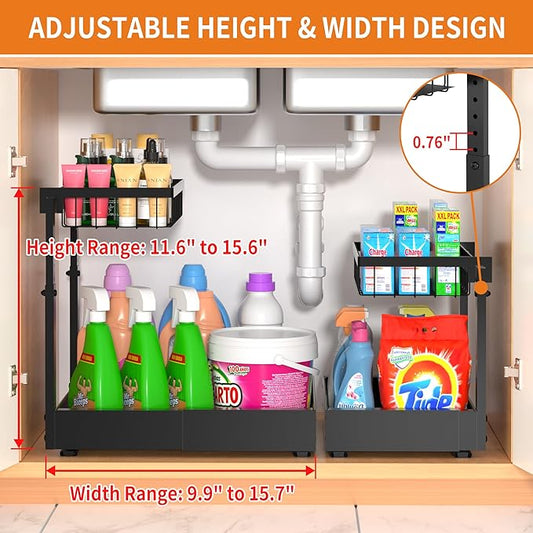 2-Pack Expandable Under Sink Organizers and Storage, 2-Tier Adjustable Pull-Out Cabinet Organizers, Slide-Out Shelves with Width (9.9"-15.7") & Height (11.6"-15.6") for Kitchen & Bathroom