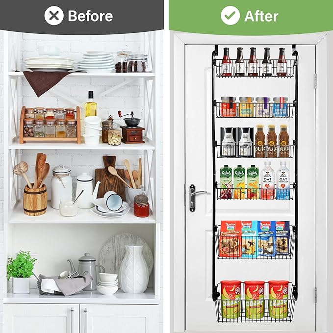 COOLFXEND Over the Door Pantry Organizer,6-Tier Pantry Door Organizers and Storage,Metal Over the Door Spice Rack for Pantry/Kitchen,Space Saving,Easy to Install,Black(4x4.72+2x5.9 Width Baskets)