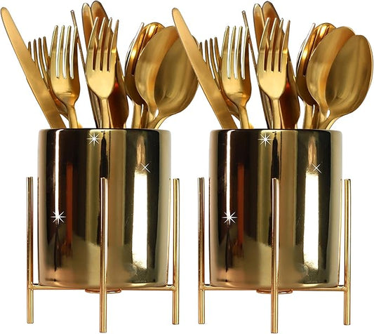 Sturdy Cutlery Holder Gold Ceramic With Metal Bracket Robust Silverware Caddy For Countertop - Spoon Holder Silverware Caddy