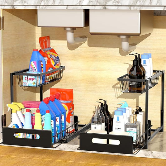 Mythinglogic Metal Under Sink Organizers and Storage, 2 Tier Under Sink Organizer, Pull Out Under Cabinet Organizer Shelf for Kitchen Bathroom Laundry Room (2 Pack)