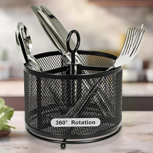 Metal Utensil Holder Silverware Cutlery Caddy for Kitchen Countertop Rotating 3 Compartment Flatware Organizer Spoon Fork Storage for Outdoor Party Picnic Buffet Camping Black