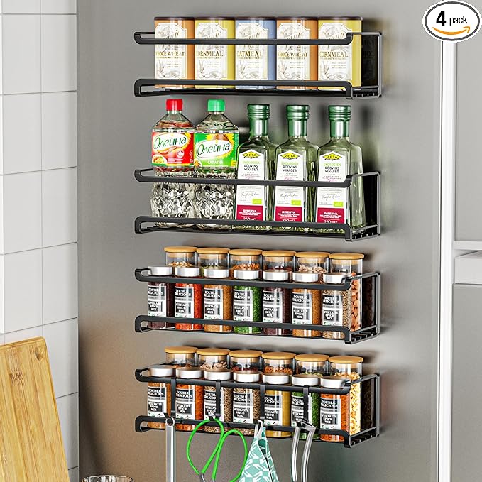 Magnetic Spice Rack 4 Pack,Strong Magnetic Shelf for Refrigerator with 4 Removable Hooks,Magnetic Refrigerator Organizer, Spice and Seasoning Organizer Gadgets