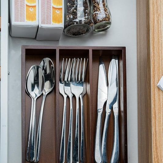 Silverware Organizer Bamboo Kitchen Drawer Organizer, Flatware Organizer Tray for Kitchen, Flatware, Utensils（Brown）