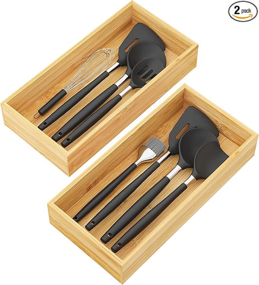 BAMEOS Deep Utensil Drawer Organizer, Bamboo Silverware Organizer for Kitchen Drawer Storage Flatware Junk Cutlery Jewelry 14"x 6.8" Set of 2 (Natural)