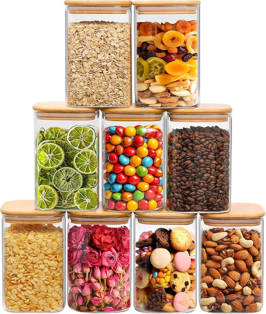 ComSaf 37oz Glass Storage Containers with Lids, Glass Jars with Lids, Clear Food Storage Jar, Square Glass Canister Set of 9, Pantry Organizers and Storage for Cookie Flour Oat Pasta Tea Coffee Bean