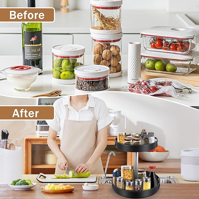 Spice Rack Lazy Susan Organizer, 2 Tier Height Adjustable Rotating Lazy Turntable Organization for Cabinet Kitchen Table Pantry Countertop Refrigerator Cupboard Storage(Black, 12 inch)