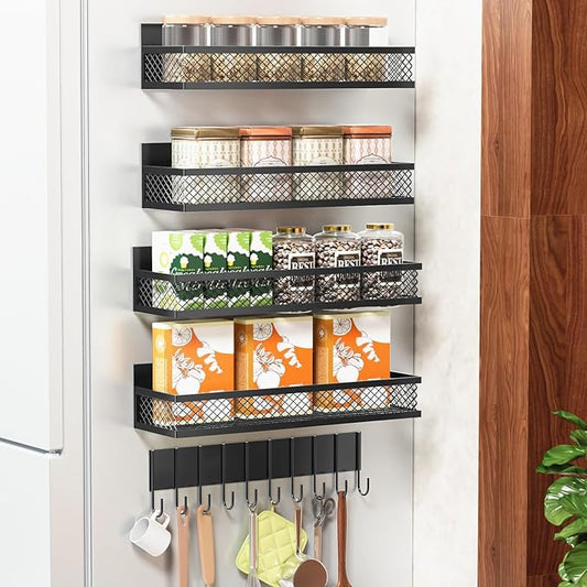 Magnetic Spice Rack for Refrigerator, 5 Pack Magnetic Shelf for Refrigerator, Moveable Fridge Magnetic Spice Racks with 10-Hook Rack for Kitchen Organizers and Storage