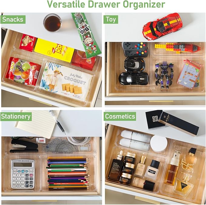 6 Pack Drawer Organizers, Plastic Clear Acrylic Non Slip Non Cracking kitchen drawer organizer Stackable Bathroom Drawer Organizer Trays, Storage Bins for Makeup, Bathroom, Kitchen Office