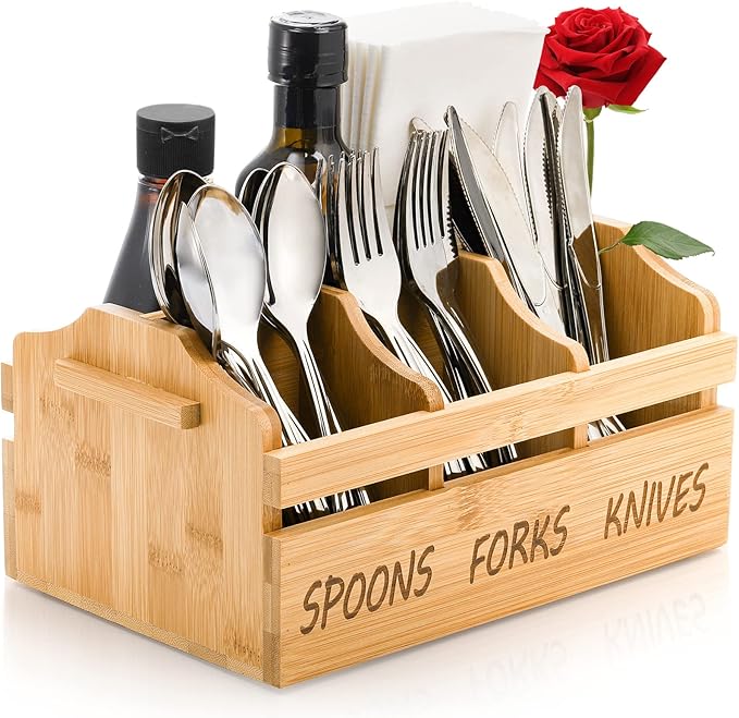 Yesland Silverware Holder Caddy, 4 Compartments Wooden Utensil Holder Flatware with Handle, Bamboo Cutlery Holder Organizer Containers for Party, Kitchen Countertop, Forks, Spoons, Knives, Napkins