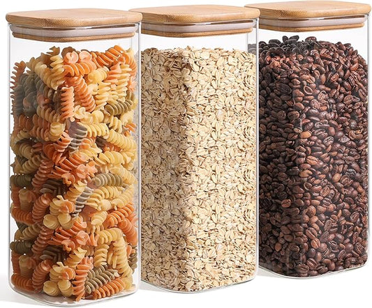 ComSaf 61oz Glass Storage Containers with Lids, Glass Jars with Lids, Clear Food Storage Jar, Square Glass Canister Set of 3, Pantry Organizers and Storage for Flour Rice Pasta Tea Coffee Bean