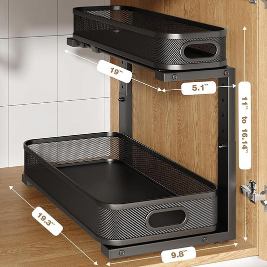 2 Pack 19.3IN-Depth Under Sink Organizer with Smooth Cylindrical Rail,2-Tier Pull Out Multi-Purpose Cabinet Storage for Bathroom&Kitchen,Height Adjustable,Rust-Resistant Coating-Black