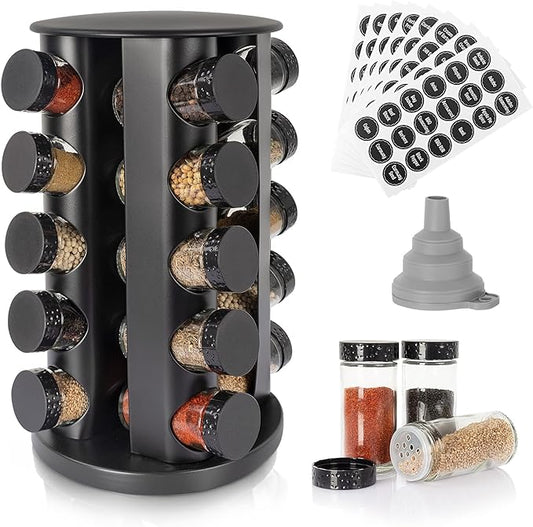 Black Countertop Rotating Spice Rack - Empty 20-Jar Revolving Organizer, Round Carousel Tower, 135 Labels With Funnel Complete Set for Kitchen Countertop, Cabinet