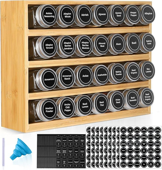 Bamboo Spice Rack Organizer With 28 Spice Jars, 780 Labels, 4 Tier Wood Hanging Shelf, Chalk Marker and Funnel Set for Drawer Cabinet Kitchen Countertop Wall Mount, Empty 4 oz Glass Jar & Shaker Lids