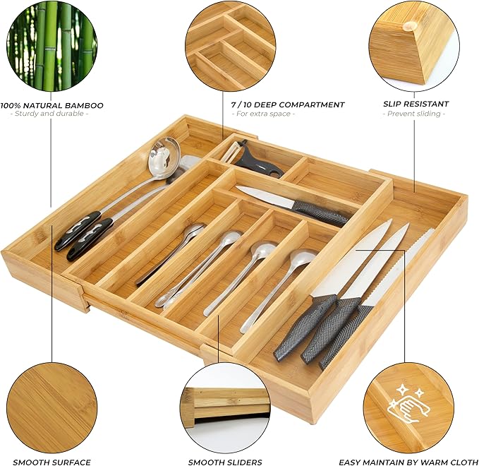 HOMESTEAD Nature Bamboo Expandable Drawer Organizer - Up to 10 Slots, Silverware Organizer, and Cutlery Trays for Kitchen Drawer Divider & Versatile in Bedroom, Office, Cosmetics