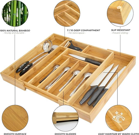 HOMESTEAD Nature Bamboo Expandable Drawer Organizer - Up to 10 Slots, Silverware Organizer, and Cutlery Trays for Kitchen Drawer Divider & Versatile in Bedroom, Office, Cosmetics