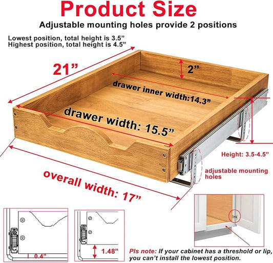 DINDON 1 Tier Pull Out Cabinet Organizer (17" W x 21" D) Single Tier Heavy Duty Slide Out Wood Drawer Under Cabinet Shelf Organization Storage
