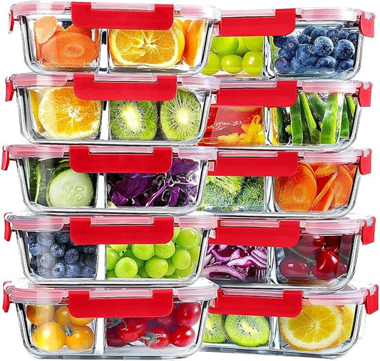 VERONES 10 Pack Glass Meal Prep Containers 2 Compartment Set, 36OZ Airtight Glass Lunch Containers, Glass Food Storage Containers with Lids, for Microwave, Oven, Freezer & Dishwasher Friendly,Red