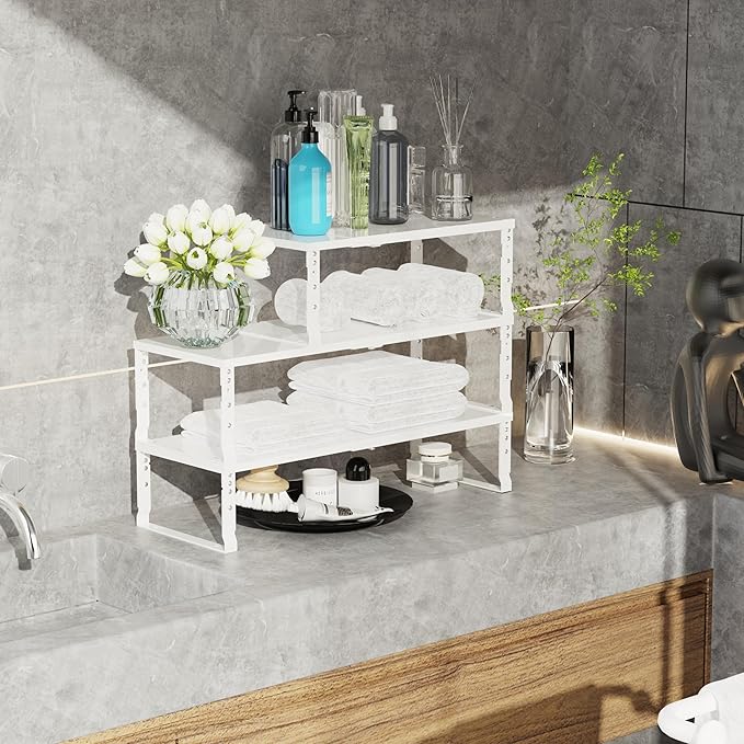 Expandable Stackable Spice Rack Organizer for Kitchen Cabinet,Adjustable Counter Shelf, countertop, Pantry,Cupboard,Bathroom,Bedroom(3Packs/White/Large)