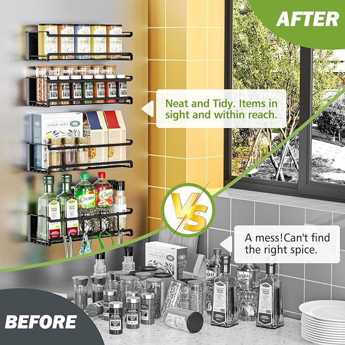 Magnetic Spice Rack 4 Pack,Strong Magnetic Shelf for Refrigerator with 4 Removable Hooks,Magnetic Refrigerator Organizer, Spice and Seasoning Organizer Gadgets