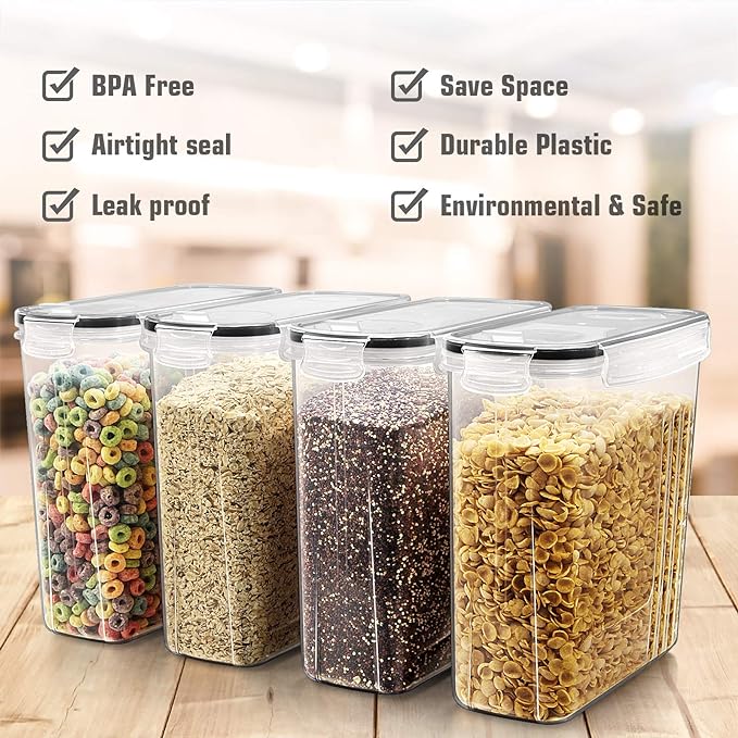 Wildone Cereal & Dry Food Storage Containers, Airtight Cereal Storage Containers Set of 8 [2.5L / 85.4oz] for Sugar, Flour, Snack, Baking Supplies, Leak-proof with Black Locking Lids