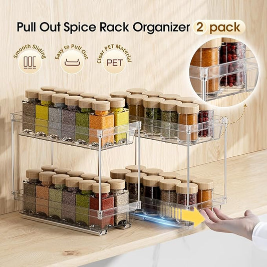 Spice Organization for Cabinet - 2 Pack, Pull-Out Spice Rack Organizer for Cabinet, Easy to Install Vertical Spice Rack Slide Out Cabinet Organizer (Not for Framed Cabinets)