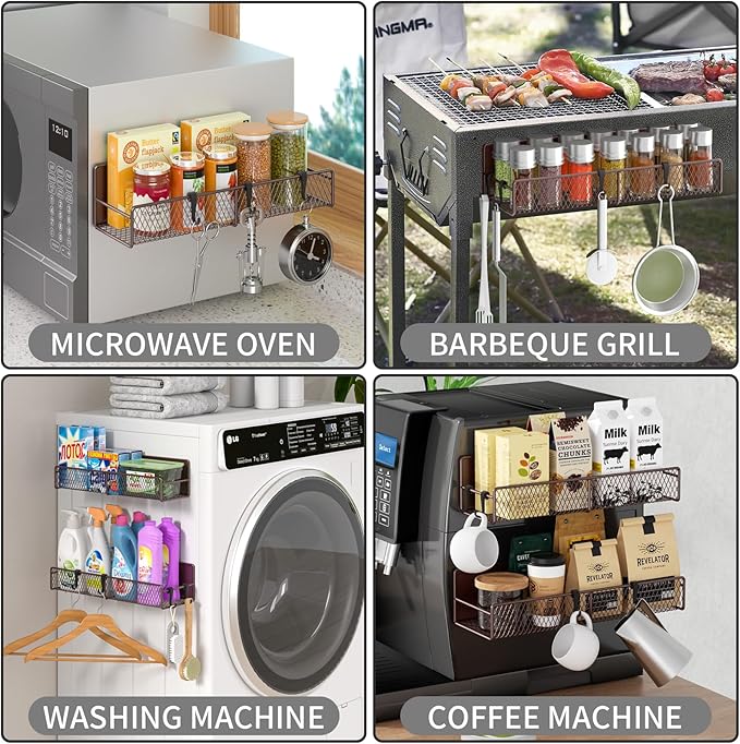 Magnetic Spice Rack for Refrigerator, 2 Pack 100% Metal Strong Magnet Shelf, Space Saving Spice Organizer W/ Hooks, Movable Magnetic Fridge Shelf, Kitchen Home Laundry Room Storage Organization, Brown