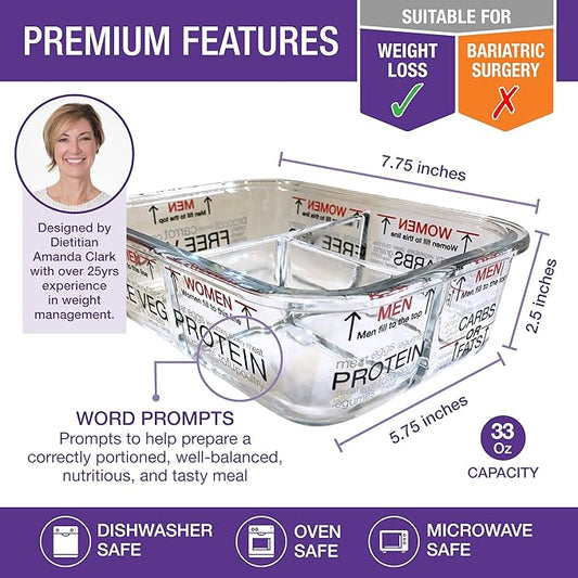 Portion Perfection Portion Control Containers - Glass Oven Ready, Freezer Safe Meal Prep Containers Reusable for Food 3pk, 3 Compartment with Lids, Practical Weight Control Products