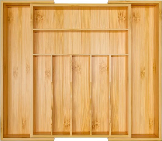 Utensil Organizer Silverware Tray For Drawer - Expandable Silverware Organizer Bamboo Flatware Organizer for Kitchen Utensils and Cutlery, Living Room Storage Box W13.5"-19.9" x L17.6" (Yellow)