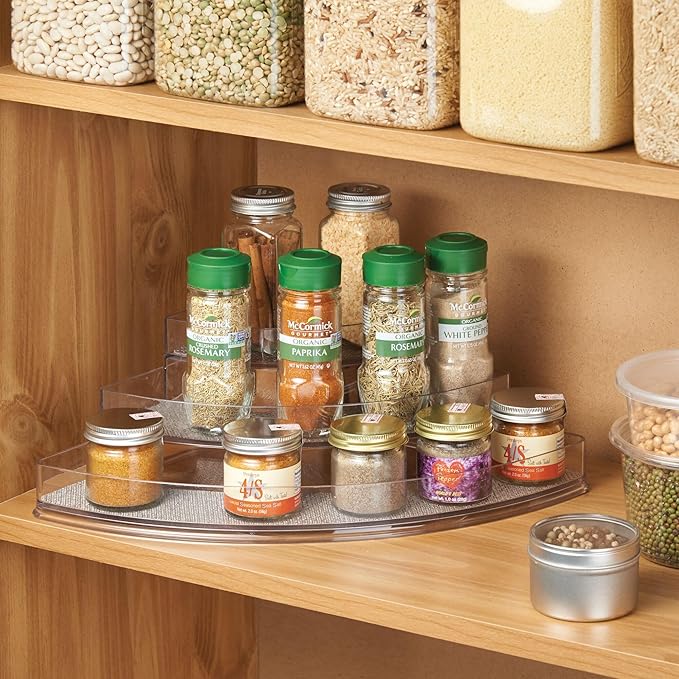 iDesign 34682 Twillo Plastic Spice Rack, Corner Organizer for Kitchen, Pantry, Bathroom, Vanity, Office, Craft Room Storage Organization, 10" x 14" x 4", Clear