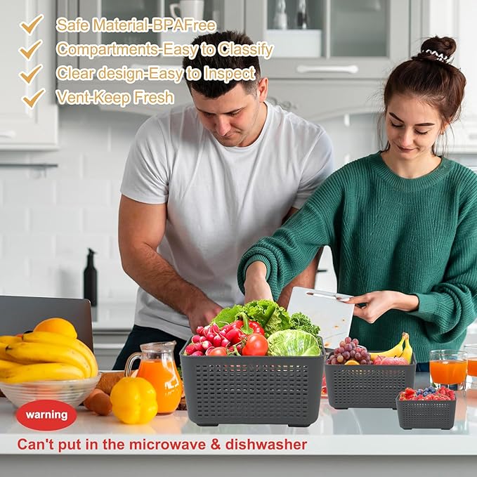 Fruit Storage Containers for Fridge with Removable Colanders, Airtight Produce Vegetable Berry Containers with lid for Fridge, Food Storage Containers for Washing, Draining, Freshness