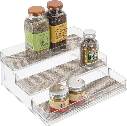 iDesign Twillo Plastic Stadium Spice Rack, 3-Tier Organizer for Kitchen Pantry, Cabinet, Countertops, Vanity, Office, Craft Room, 9.2" x 10" x 4", Metallico and Clear