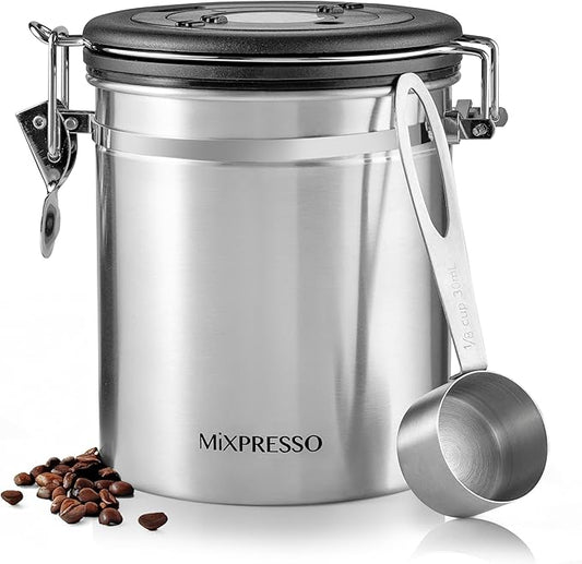 Mixpresso 16 Oz Coffee Canister with Scoop Stainless Steel Airtight Coffee Container, Ground Coffee Bean Storage with Date Tracker, Vacuum Sealed Espresso Airtight Container Coffee Jar Sugar Container