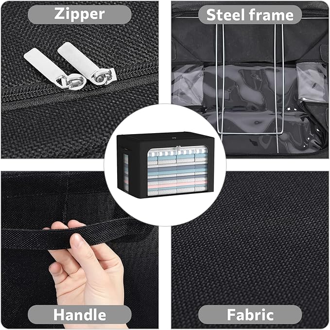 2 Pack Clothes Storage Bins Stackable Metal Frame Storage Box Foldable Linen Fabric Box Organizer with Carrying Handles and Clear Window (Black, 15.7x 11.8x 11.7 Inch)