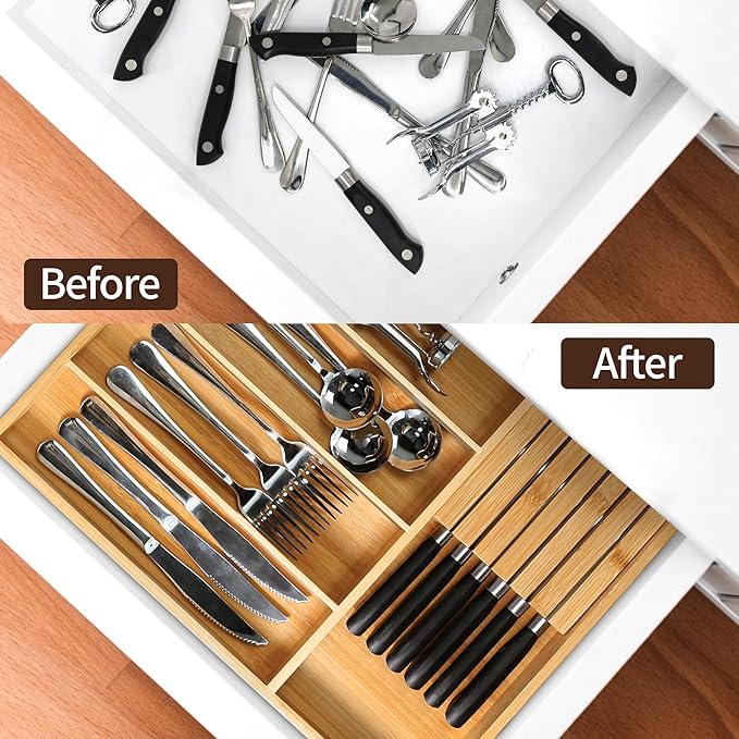 VaeFae Bamboo Silverware Organizer, Utensil Holder for Drawer, Wooden Cutlery Tray with Divider for Kitchen Drawer, Utensil Organizer with Knife Block