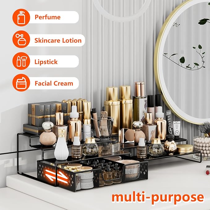 Simple Trending Spice Rack Organizer for Cabinet, 2 Pack 3 Tier Seasoning Organizer, Expandable Shelf, Step Storage Holder, Kitchen Cabinet Countertop, with Sliding Drawer, Metal, Black