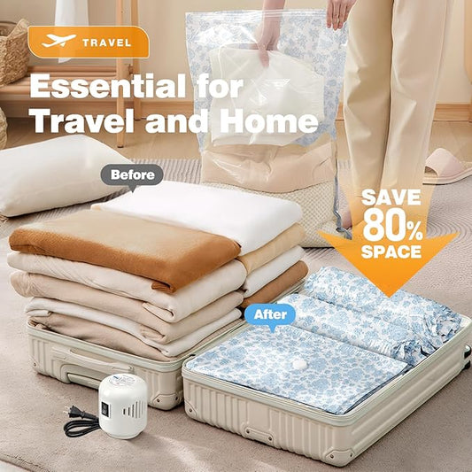 10 Pack Travel Vacuum Storage Bags with Electric Pump, 2 Large + 4 Medium + 4 Small Vacuum Sealer Bags, 80% Space Saver Bags for Luggage, Comforters and Blankets, Travel Essentials(Blue Flowers)