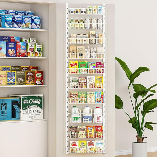 Over the Door Pantry Organizer, 10-Tier Adjustable Spice Rack Cabinet Door Shelves, Hanging Seasoning Organizer for Kitchen Bathroom, Laundry Room Organization, White