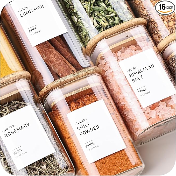 16Pcs Glass Spice Jars with Bamboo Lids, include 4oz, 6oz, 8oz, 10oz Empty Square Containers With 340 Spice Labels Preprinted of White and Black Color, Spice Bottles for Seasoning Organizer